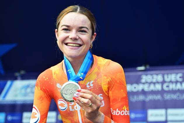 Netherlands Megan Arens , winner of the silver medal celebrates on the podium of the Women U23 Individual Time Trial race (22km) at the cycling UEC Road European Championships, in Ljubljana, Slovenia, on Wednesday 7 October 2026. The UEC Road European Championships are taking place from 02 to 07 October in Ljubljana, Slovenia. DAVIDxPINTENS x189040103x