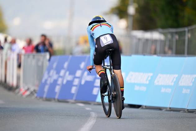 Belgium s Matisse Van Kerckhove crosses the finish line of the Men U23 Individual Time Trial race (22km) at the cycling UEC Road European Championships, in Ljubljana, Slovenia, on Wednesday 7 October 2026. The UEC Road European Championships are taking place from 02 to 07 October in Ljubljana, Slovenia. DAVIDxPINTENS x189041065x