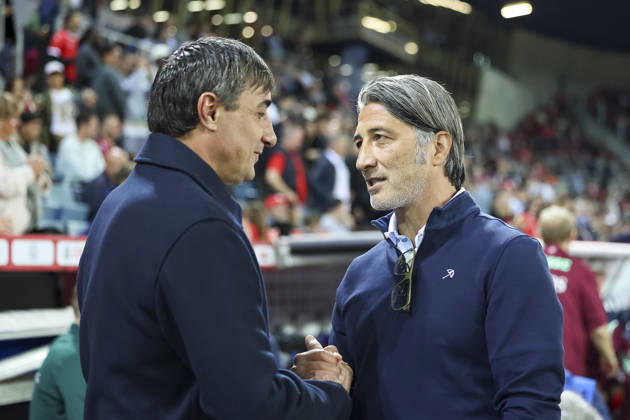 Goce Sedloski, North Macedonia (coach), and Murat Yakin, Switzerland (coach), before kickoff; Switzerland, UEFA, Nations League, Matchday 4, Switzerland vs. North Macedonia, October 6, 2026, Swissporarena, Lucerne, Switzerland Copyright: xGrantxHubbsx