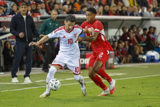Enis Bardhi of North Macedonia, 10, and Sascha Britschgi of Switzerland, 2, in a one-on-one duel; Switzerland, UEFA Nations League, Matchday 4, Switzerland vs. North Macedonia, October 6, 2026, Swissporarena, Lucerne, Switzerland Copyright: xGrantxHubbsx