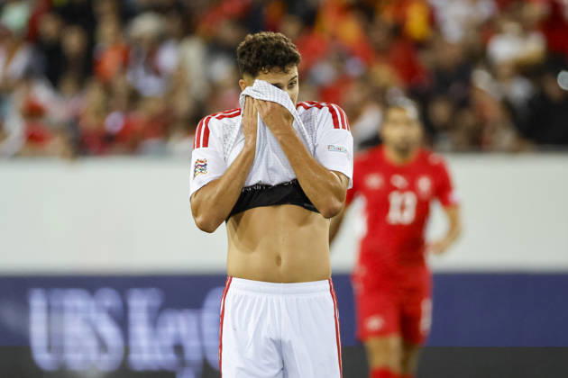 Agon Elezi, North Macedonia, 15, facial expressions, emotion, Switzerland, UEFA, Nations League, Matchday 4, Switzerland vs. North Macedonia, October 6, 2026, Lucerne Swissporarena, Switzerland Copyright: xGrantxHubbsx