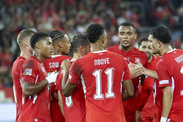 Goal celebration in Switzerland after Fabian Rieder s 1-0 goal; Switzerland, 22; joy, excitement, positive emotions, goal, Switzerland, UEFA, Nations League, Matchday 4, Switzerland vs. North Macedonia, October 6, 2026, Lucerne Swissporarena, Switzerland Copyright: xGrantxHubbsx