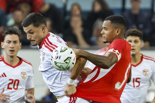 Elmin Rastoder of North Macedonia, 11, and Manuel Akanji of Switzerland, 05, in a tackle; Switzerland, UEFA, Nations League, Matchday 4, Switzerland vs. North Macedonia, October 6, 2026, Swissporarena, Lucerne, Switzerland Copyright: xGrantxHubbsx