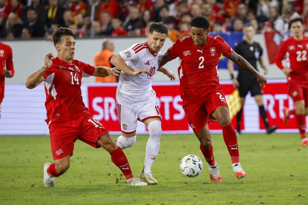Ardon Jashari (Switzerland), 14, Enis Bardhi (North Macedonia), 10, and Sascha Britschgi (Switzerland), 2, battling for the ball; Switzerland, UEFA, Nations League, Matchday 4, Switzerland vs. North Macedonia, October 6, 2026, Lucerne, Swissporarena, Switzerland Copyright: xGrantxHubbsx
