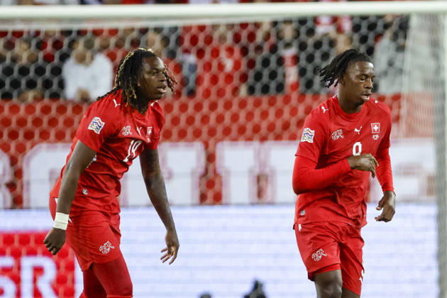 Winsley Boteli (Switzerland), 19, and Johan Manzambi (Switzerland), 9, Switzerland, UEFA Nations League, Matchday 4, Switzerland vs. North Macedonia, October 6, 2026, Swissporarena, Lucerne, Switzerland Copyright: xGrantxHubbsx