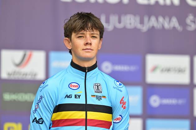 Belgium s Matisse Van Kerckhove , winner of the silver medal celebrates on the podium of the Men U23 Individual Time Trial race (22km) at the cycling UEC Road European Championships, in Ljubljana, Slovenia, on Wednesday 7 October 2026. The UEC Road European Championships are taking place from 02 to 07 October in Ljubljana, Slovenia. DAVIDxPINTENS  x189041709x