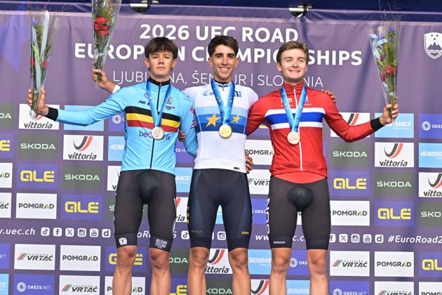 Belgium s Matisse Van Kerckhove; Spain s Hector Alvarez Martinez and Norway s Kasper Haugland celebrate on the podium after the Men U23 Individual Time Trial race (22km) at the cycling UEC Road European Championships, in Ljubljana, Slovenia, on Wednesday 7 October 2026. The UEC Road European Championships are taking place from 02 to 07 October in Ljubljana, Slovenia. DAVIDxPINTENS x189041711x