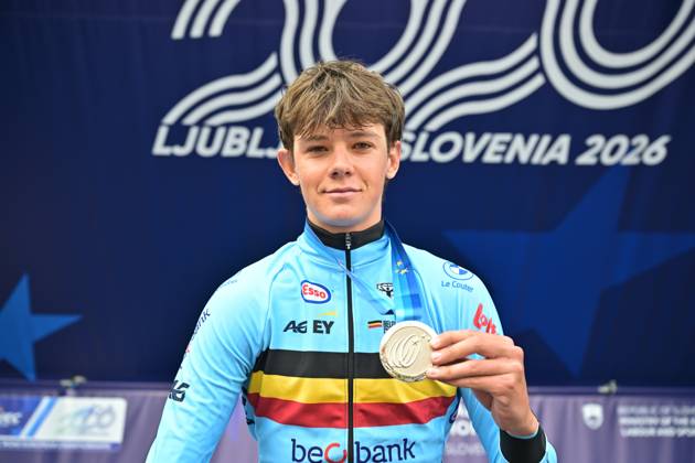 Belgium s Matisse Van Kerckhove , winner of the silver medal celebrates on the podium of the Men U23 Individual Time Trial race (22km) at the cycling UEC Road European Championships, in Ljubljana, Slovenia, on Wednesday 7 October 2026. The UEC Road European Championships are taking place from 02 to 07 October in Ljubljana, Slovenia. DAVIDxPINTENS x189042132x