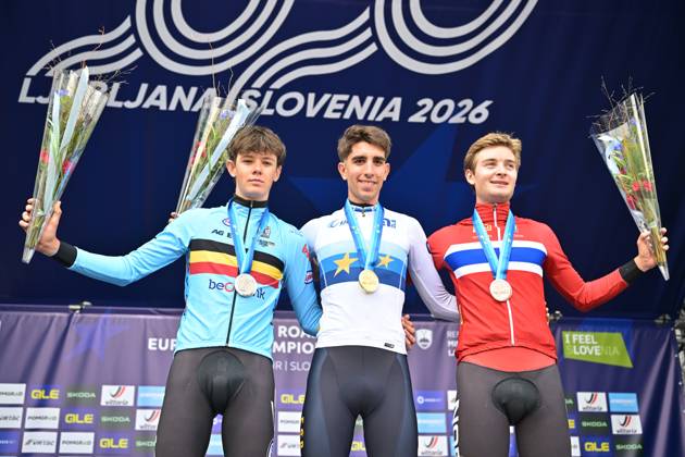 Belgium s Matisse Van Kerckhove; Spain s Hector Alvarez Martinez and Norway s Kasper Haugland celebrate on the podium after the Men U23 Individual Time Trial race (22km) at the cycling UEC Road European Championships, in Ljubljana, Slovenia, on Wednesday 7 October 2026. The UEC Road European Championships are taking place from 02 to 07 October in Ljubljana, Slovenia. DAVIDxPINTENS  x189042163x