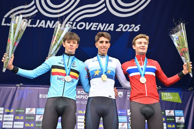 Belgium s Matisse Van Kerckhove; Spain s Hector Alvarez Martinez and Norway s Kasper Haugland celebrate on the podium after the Men U23 Individual Time Trial race (22km) at the cycling UEC Road European Championships, in Ljubljana, Slovenia, on Wednesday 7 October 2026. The UEC Road European Championships are taking place from 02 to 07 October in Ljubljana, Slovenia. DAVIDxPINTENS  x189042169x