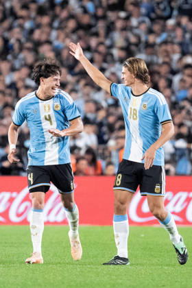 BUENOS AIRES, ARGENTINA - OCTOBER 6: Nico Paz of Argentina (R) celebrates after scoring the team s second goal with Agustin Giay, also of Argentina (L), during the International Friendly, Länderspiel, Nationalmannschaft football match between Argentina and Benin, at the Estadio Monumental Antonio V. Liberti, on October 6, 2026, in Buenos Aires, Argentina. Richard Callis Fotoarena (Richard Callis SPP) Copyright: xRichardxCallisx xSPPx spp-en-RiCa-3026281