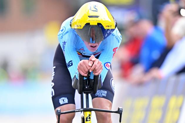 Belgium s Matisse Van Kerckhove crosses the finish line of the Men U23 Individual Time Trial race (22km) at the cycling UEC Road European Championships, in Ljubljana, Slovenia, on Wednesday 7 October 2026. The UEC Road European Championships are taking place from 02 to 07 October in Ljubljana, Slovenia. DAVIDxPINTENS x189042502x