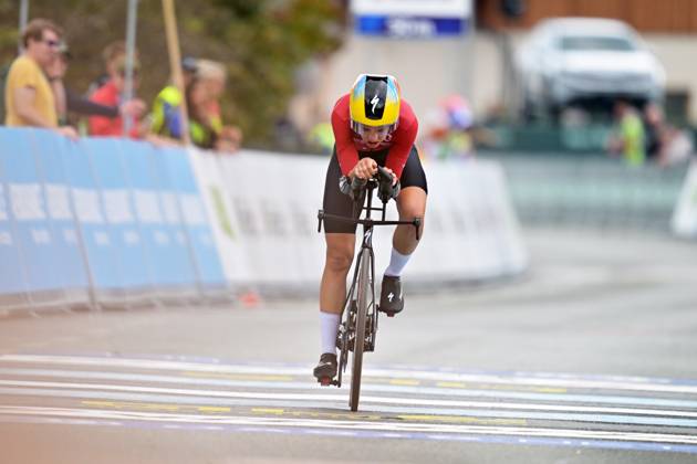 Luxembourg s Marie Schreiber crosses the finish line of the Women Elite Individual Time Trial race (22km) at the cycling UEC Road European Championships, in Ljubljana, Slovenia, on Wednesday 7 October 2026. The UEC Road European Championships are taking place from 02 to 07 October in Ljubljana, Slovenia. DAVIDxPINTENS x189047519x