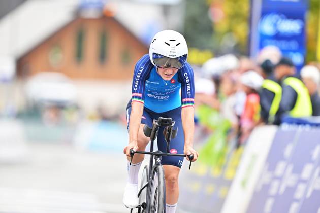 Italy s Elisa Longo Borghini crosses the finish line of the Women Elite Individual Time Trial race (22km) at the cycling UEC Road European Championships, in Ljubljana, Slovenia, on Wednesday 7 October 2026. The UEC Road European Championships are taking place from 02 to 07 October in Ljubljana, Slovenia. DAVIDxPINTENS x189048701x