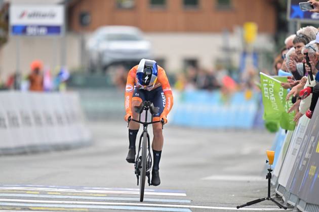 Netherlands Demi Vollering crosses the finish line of the Women Elite Individual Time Trial race (22km) at the cycling UEC Road European Championships, in Ljubljana, Slovenia, on Wednesday 7 October 2026. The UEC Road European Championships are taking place from 02 to 07 October in Ljubljana, Slovenia. DAVIDxPINTENS x189050338x