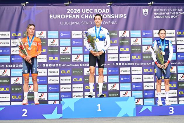 Netherlands Demi Vollering; Switzerland s Marlen Reusser and France s Juliette Berthet celebrate on the podium after the Women Elite Individual Time Trial race (22km) at the cycling UEC Road European Championships, in Ljubljana, Slovenia, on Wednesday 7 October 2026. The UEC Road European Championships are taking place from 02 to 07 October in Ljubljana, Slovenia. DAVIDxPINTENS x189052126x