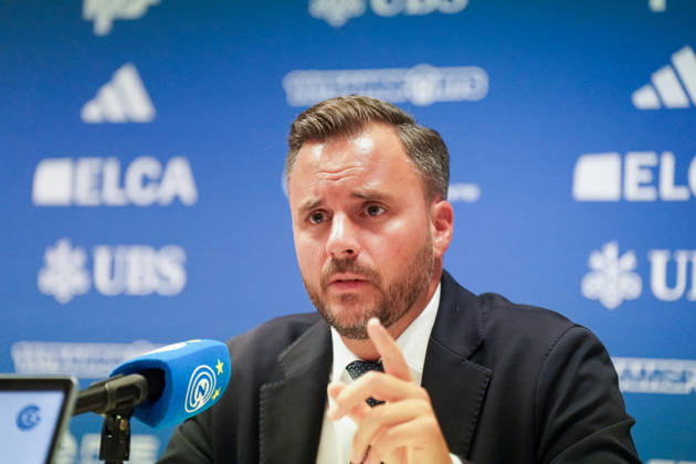 Ludovic Delechat, Chairman of the Board of Directors of Grasshopper Fussball AG (GFAG), at the Grasshopper Club Zurich (GCZ) press conference. Ludovic Delechat, GC Zurich, GCZ, Grasshoppers, President, Chairman of the Board of Directors, GFAG, Bridge Football Group, media conference, press conference, soccer, Super League, Zurich, press conference, media Copyright: xJOERANxSTEINSIEKx