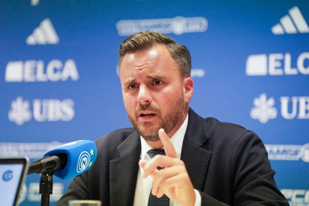 Ludovic Delechat, Chairman of the Board of Directors of Grasshopper Fussball AG (GFAG), at the Grasshopper Club Zurich (GCZ) press conference. Ludovic Delechat, GC Zurich, GCZ, Grasshoppers, President, Chairman of the Board of Directors, GFAG, Bridge Football Group, press conference, soccer, Super League, Zurich, media, facial expressions, emotion Copyright: xJOERANxSTEINSIEKx