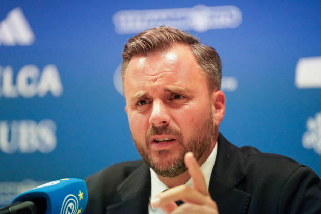 Ludovic Delechat, Chairman of the Board of Directors of Grasshopper Fussball AG (GFAG), at the Grasshopper Club Zurich (GCZ) press conference. Ludovic Delechat, GC Zurich, GCZ, Grasshoppers, President, Chairman of the Board of Directors, GFAG, Bridge Football Group, press conference, soccer, Super League, Zurich, media, facial expressions, emotion Copyright: xJOERANxSTEINSIEKx