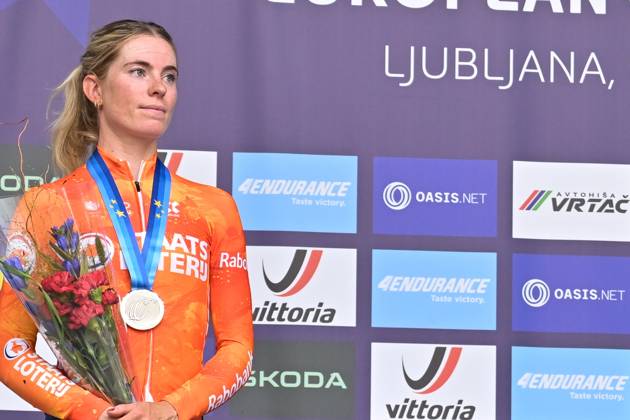 Netherlands Demi Vollering , winner of the silver medal celebrates on the podium of the Women Elite Individual Time Trial race (22km) at the cycling UEC Road European Championships, in Ljubljana, Slovenia, on Wednesday 7 October 2026. The UEC Road European Championships are taking place from 02 to 07 October in Ljubljana, Slovenia. DAVIDxPINTENS  x189054014x