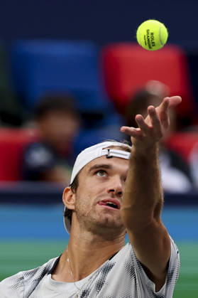 (261007) -- SHANGHAI, Oct. 7, 2026 -- Tomas Machac serves during the men s singles first round match between Zhang Zhizhen of China and Tomas Machac of the Czech Republic at the 2026 ATP, Tennis Herren tour Shanghai Masters tennis tournament in Shanghai, China, Oct. 7, 2026. ) (SP)CHINA-SHANGHAI-TENNIS-SHANGHAI MASTERS-MEN S SINGLES (CN) WangxXiang