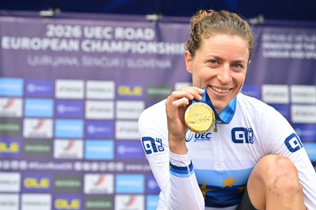 Switzerland s Marlen Reusser celebrates on the podium after winning the Women Elite Individual Time Trial race (22km) at the cycling UEC Road European Championships, in Ljubljana, Slovenia, on Wednesday 7 October 2026. The UEC Road European Championships are taking place from 02 to 07 October in Ljubljana, Slovenia. DAVIDxPINTENS  x189054108x