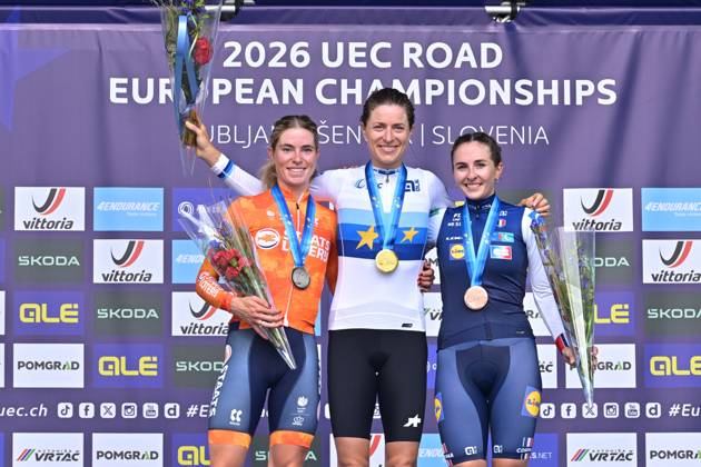 Netherlands Demi Vollering; Switzerland s Marlen Reusser and France s Juliette Berthet celebrate on the podium after the Women Elite Individual Time Trial race (22km) at the cycling UEC Road European Championships, in Ljubljana, Slovenia, on Wednesday 7 October 2026. The UEC Road European Championships are taking place from 02 to 07 October in Ljubljana, Slovenia. DAVIDxPINTENS  x189054844x
