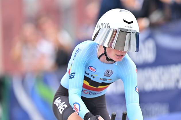 Belgium s Lotte Claes crosses the finish line of the Women Elite Individual Time Trial race (22km) at the cycling UEC Road European Championships, in Ljubljana, Slovenia, on Wednesday 7 October 2026. The UEC Road European Championships are taking place from 02 to 07 October in Ljubljana, Slovenia. DAVIDxPINTENS x189054905x