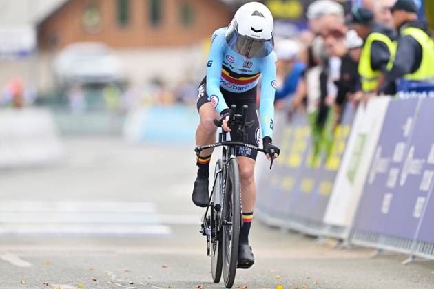 Belgium s Lotte Claes crosses the finish line of the Women Elite Individual Time Trial race (22km) at the cycling UEC Road European Championships, in Ljubljana, Slovenia, on Wednesday 7 October 2026. The UEC Road European Championships are taking place from 02 to 07 October in Ljubljana, Slovenia. DAVIDxPINTENS x189055058x