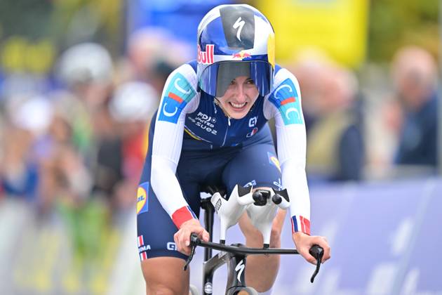 France s Juliette Berthet crosses the finish line of the Women Elite Individual Time Trial race (22km) at the cycling UEC Road European Championships, in Ljubljana, Slovenia, on Wednesday 7 October 2026. The UEC Road European Championships are taking place from 02 to 07 October in Ljubljana, Slovenia. DAVIDxPINTENS x189055065x