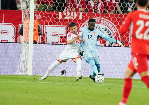 October 26, 2026, Lucerne, Switzerland, Thermoplan Arena, Men s Soccer, 2026–2027 Season, Nations League, Switzerland vs. North Macedonia, 3–0, Photo: Goalkeeper Yvon Mvogo (SUI) vs. Enis Bardhi (NM), Action: Tackle