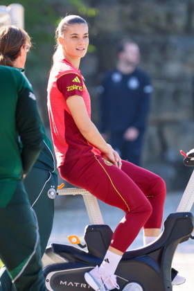 Eppelheim, Germany, October 7, 2026 German Women s National Soccer Team Training Friendly Match: Germany vs. Australia Pictured: Selina Cerci of Germany doing recovery work on a stationary bike away from the training session Copyright: HMBxMedia MadeleinexFantini
