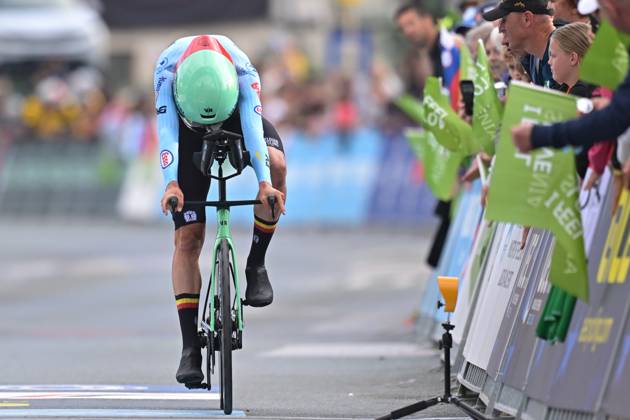 Belgium s Sander De Pestel crosses the finish line of the Men Elite Individual Time Trial race (22km) at the cycling UEC Road European Championships, in Ljubljana, Slovenia, on Wednesday 7 October 2026. The UEC Road European Championships are taking place from 02 to 07 October in Ljubljana, Slovenia. DAVIDxPINTENS  x189062349x