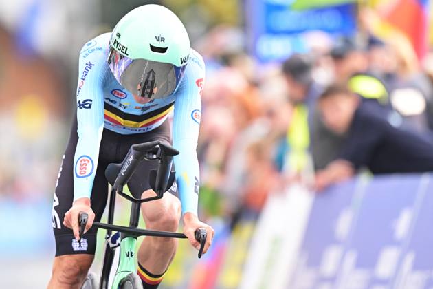 Belgium s Sander De Pestel crosses the finish line of the Men Elite Individual Time Trial race (22km) at the cycling UEC Road European Championships, in Ljubljana, Slovenia, on Wednesday 7 October 2026. The UEC Road European Championships are taking place from 02 to 07 October in Ljubljana, Slovenia. DAVIDxPINTENS  x189062478x