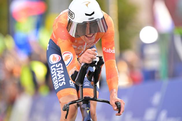 Netherlands Sjoerd Bax crosses the finish line of the Men Elite Individual Time Trial race (22km) at the cycling UEC Road European Championships, in Ljubljana, Slovenia, on Wednesday 7 October 2026. The UEC Road European Championships are taking place from 02 to 07 October in Ljubljana, Slovenia. DAVIDxPINTENS  x189063070x