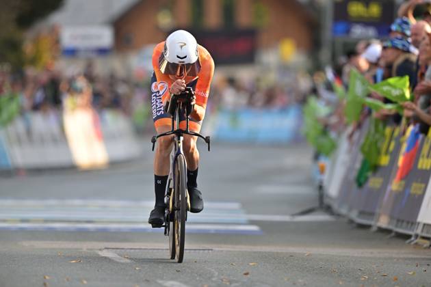 Netherlands Sjoerd Bax crosses the finish line of the Men Elite Individual Time Trial race (22km) at the cycling UEC Road European Championships, in Ljubljana, Slovenia, on Wednesday 7 October 2026. The UEC Road European Championships are taking place from 02 to 07 October in Ljubljana, Slovenia. DAVIDxPINTENS x189063082x