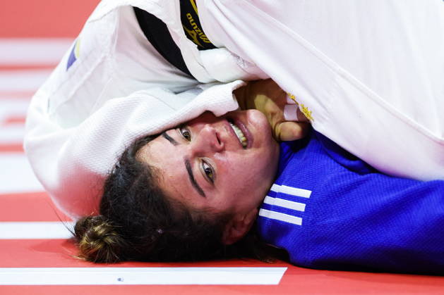 AZERBAIJAN, BAKU - OCTOBER 7, 2026: Kerem Primo of Israel competes with Haruka Kaju of Japan in a -63 kg bout as part of the 2026 World Judo Championships at the National Gymnastics Arena. Mikhail Sinitsyn TASS 98913905