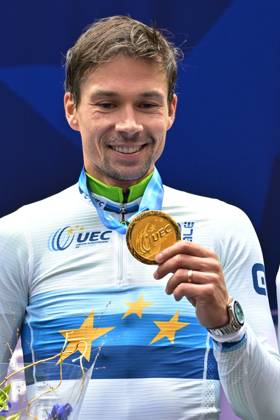 Slovenia s Primoz Roglic celebrates on the podium after winning the Men Elite Individual Time Trial race (22km) at the cycling UEC Road European Championships, in Ljubljana, Slovenia, on Wednesday 7 October 2026. The UEC Road European Championships are taking place from 02 to 07 October in Ljubljana, Slovenia. DAVIDxPINTENS x189070805x