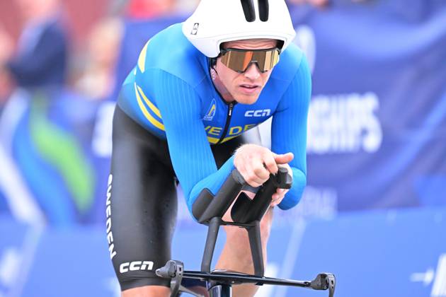 Sweden s Jakob Soderqvist crosses the finish line of the Men Elite Individual Time Trial race (22km) at the cycling UEC Road European Championships, in Ljubljana, Slovenia, on Wednesday 7 October 2026. The UEC Road European Championships are taking place from 02 to 07 October in Ljubljana, Slovenia. DAVIDxPINTENS x189071138x