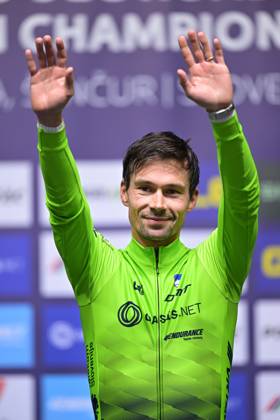Slovenia s Primoz Roglic celebrates on the podium after winning the Men Elite Individual Time Trial race (22km) at the cycling UEC Road European Championships, in Ljubljana, Slovenia, on Wednesday 7 October 2026. The UEC Road European Championships are taking place from 02 to 07 October in Ljubljana, Slovenia. DAVIDxPINTENS x189071285x