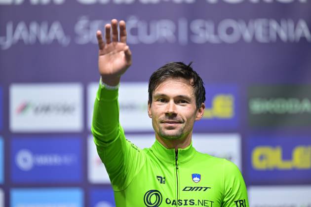 Slovenia s Primoz Roglic celebrates on the podium after winning the Men Elite Individual Time Trial race (22km) at the cycling UEC Road European Championships, in Ljubljana, Slovenia, on Wednesday 7 October 2026. The UEC Road European Championships are taking place from 02 to 07 October in Ljubljana, Slovenia. DAVIDxPINTENS x189071243x