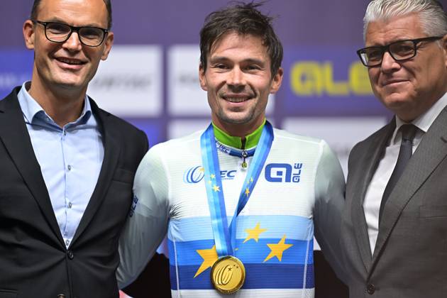 Slovenia s Primoz Roglic celebrates on the podium after winning the Men Elite Individual Time Trial race (22km) at the cycling UEC Road European Championships, in Ljubljana, Slovenia, on Wednesday 7 October 2026. The UEC Road European Championships are taking place from 02 to 07 October in Ljubljana, Slovenia. DAVIDxPINTENS x189071323x