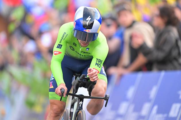 Slovenia s Primoz Roglic crosses the finish line to win the Men Elite Individual Time Trial race (22km) at the cycling UEC Road European Championships, in Ljubljana, Slovenia, on Wednesday 7 October 2026. The UEC Road European Championships are taking place from 02 to 07 October in Ljubljana, Slovenia. DAVIDxPINTENS  x189071160x