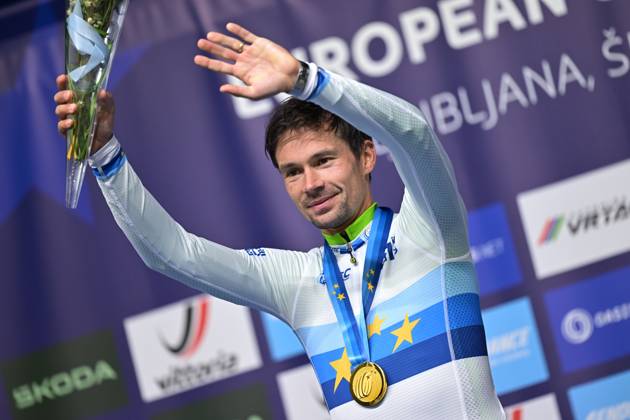 Slovenia s Primoz Roglic celebrates on the podium after winning the Men Elite Individual Time Trial race (22km) at the cycling UEC Road European Championships, in Ljubljana, Slovenia, on Wednesday 7 October 2026. The UEC Road European Championships are taking place from 02 to 07 October in Ljubljana, Slovenia. DAVIDxPINTENS x189071504x