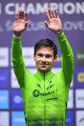 Slovenia s Primoz Roglic celebrates on the podium after winning the Men Elite Individual Time Trial race (22km) at the cycling UEC Road European Championships, in Ljubljana, Slovenia, on Wednesday 7 October 2026. The UEC Road European Championships are taking place from 02 to 07 October in Ljubljana, Slovenia. DAVIDxPINTENS x189071681x