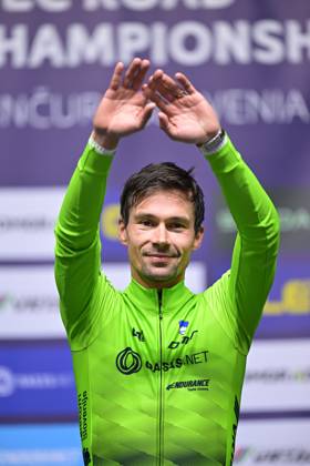 Slovenia s Primoz Roglic celebrates on the podium after winning the Men Elite Individual Time Trial race (22km) at the cycling UEC Road European Championships, in Ljubljana, Slovenia, on Wednesday 7 October 2026. The UEC Road European Championships are taking place from 02 to 07 October in Ljubljana, Slovenia. DAVIDxPINTENS x189071710x