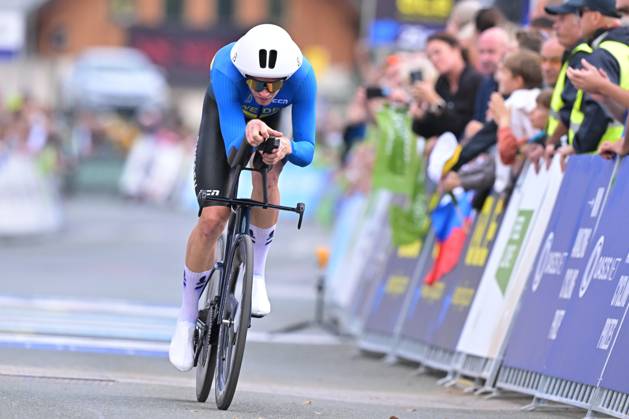 Sweden s Jakob Soderqvist crosses the finish line of the Men Elite Individual Time Trial race (22km) at the cycling UEC Road European Championships, in Ljubljana, Slovenia, on Wednesday 7 October 2026. The UEC Road European Championships are taking place from 02 to 07 October in Ljubljana, Slovenia. DAVIDxPINTENS x189071850x