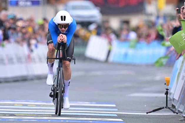 Sweden s Jakob Soderqvist crosses the finish line of the Men Elite Individual Time Trial race (22km) at the cycling UEC Road European Championships, in Ljubljana, Slovenia, on Wednesday 7 October 2026. The UEC Road European Championships are taking place from 02 to 07 October in Ljubljana, Slovenia. DAVIDxPINTENS x189071936x