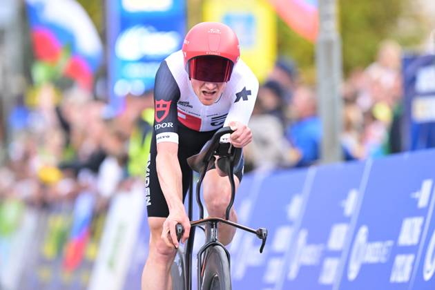 Switzerland s Stefan Kung crosses the finish line of the Men Elite Individual Time Trial race (22km) at the cycling UEC Road European Championships, in Ljubljana, Slovenia, on Wednesday 7 October 2026. The UEC Road European Championships are taking place from 02 to 07 October in Ljubljana, Slovenia. DAVIDxPINTENS x189072045x