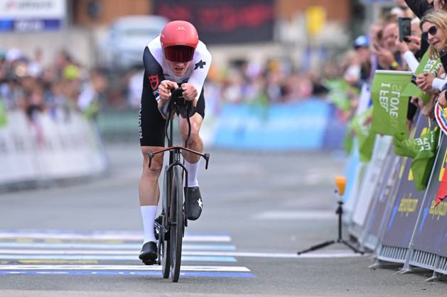 Switzerland s Stefan Kung crosses the finish line of the Men Elite Individual Time Trial race (22km) at the cycling UEC Road European Championships, in Ljubljana, Slovenia, on Wednesday 7 October 2026. The UEC Road European Championships are taking place from 02 to 07 October in Ljubljana, Slovenia. DAVIDxPINTENS x189072063x